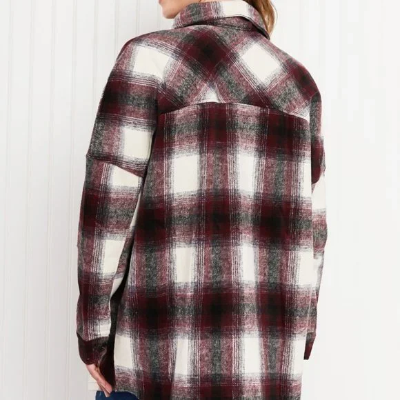 Zenana Autumn Evening Full Size Plaid Longline Shacket in Burgundy - Picture 7 of 9